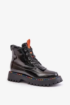 Skórzane Lakierowane Botki Workery Na Zamek Czarne Anafra