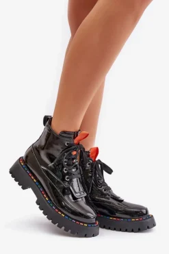 Skórzane Lakierowane Botki Workery Na Zamek Czarne Anafra