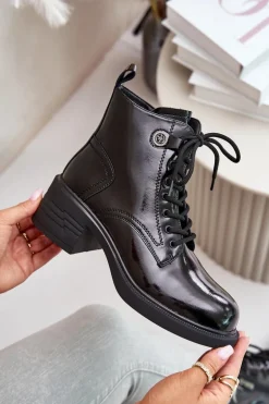 Skórzane Lakierowane Botki Na Klocku Ocieplane D&A JC42-78 Czarne