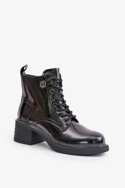 Skórzane Lakierowane Botki Na Klocku Ocieplane D&A JC42-78 Czarne