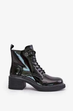 Skórzane Lakierowane Botki Na Klocku Ocieplane D&A JC42-78 Czarne