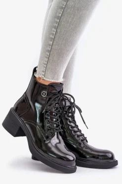 Skórzane Lakierowane Botki Na Klocku Ocieplane D&A JC42-78 Czarne