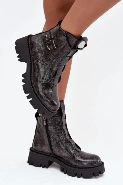 Skórzane Lakierowane Botki Damskie Z Ozdobą Ocieplane Artiker 57C2081 Grafitowe