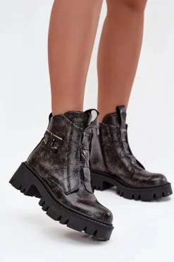 Skórzane Lakierowane Botki Damskie Z Ozdobą Ocieplane Artiker 57C2081 Grafitowe