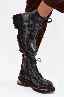 Skórzane Lakierowane Botki Damskie Artiker 57C0065 Szare