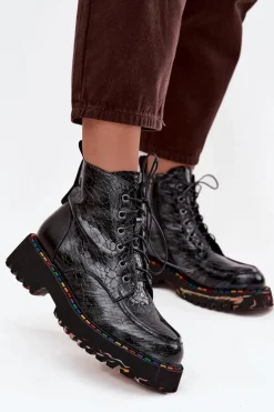 Skórzane Lakierowane Botki Damskie Artiker 57C0065 Szare