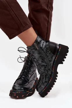 Skórzane Lakierowane Botki Damskie Artiker 57C0065 Szare