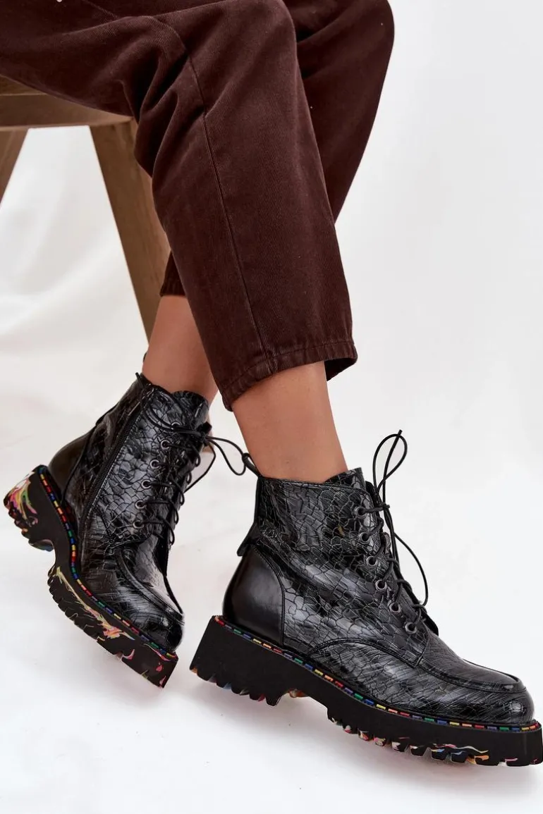 Skórzane Lakierowane Botki Damskie Artiker 57C0065 Szare