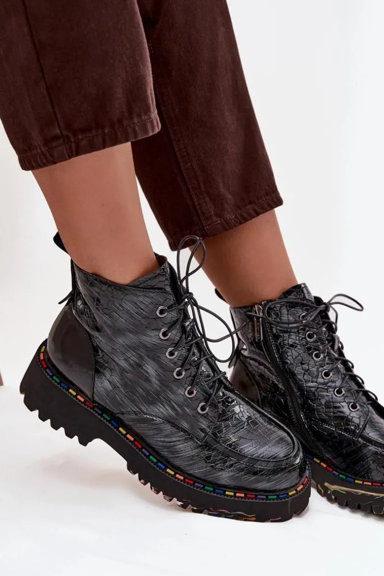 Skórzane Lakierowane Botki Damskie Artiker 57C0065 Szare