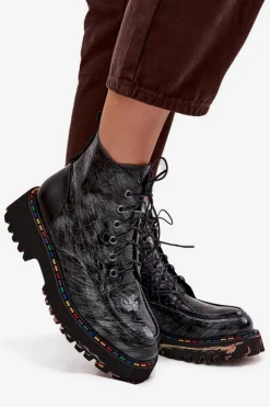 Skórzane Lakierowane Botki Damskie Artiker 57C0065 Szare