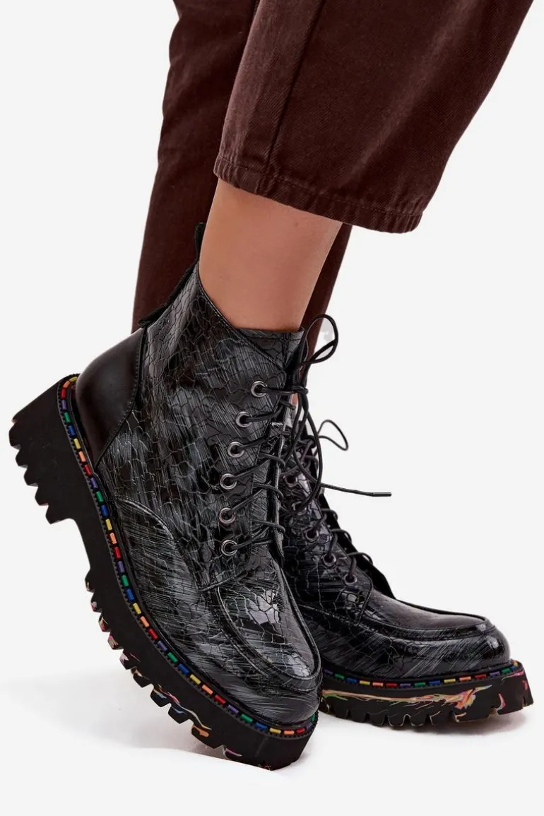 Skórzane Lakierowane Botki Damskie Artiker 57C0065 Szare