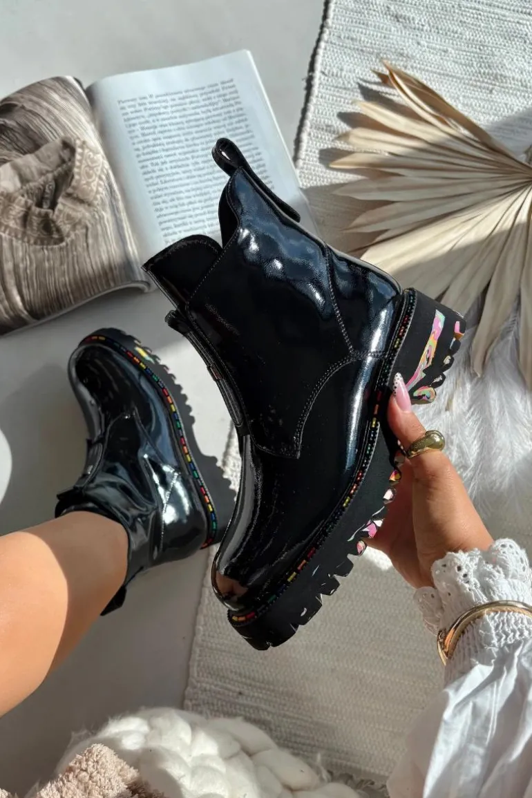 Skórzane Lakierowane Botki Damskie Artiker 57C0065 Szare