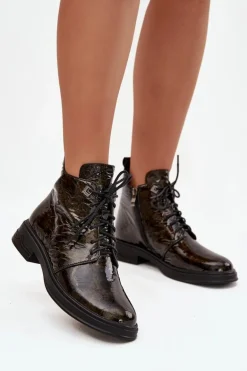 Skórzane Lakierowane Botki Damskie Ocieplane Na Zamek D&A LZ42-042 Złote