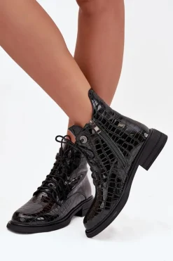 Skórzane Lakierowane Botki Z Tłoczeniem Ocieplane Czarne Juviane