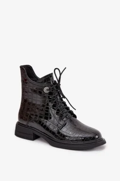 Skórzane Lakierowane Botki Z Tłoczeniem Ocieplane Czarne Juviane