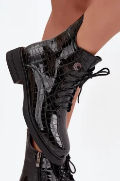 Skórzane Lakierowane Botki Z Tłoczeniem Ocieplane Czarne Juviane