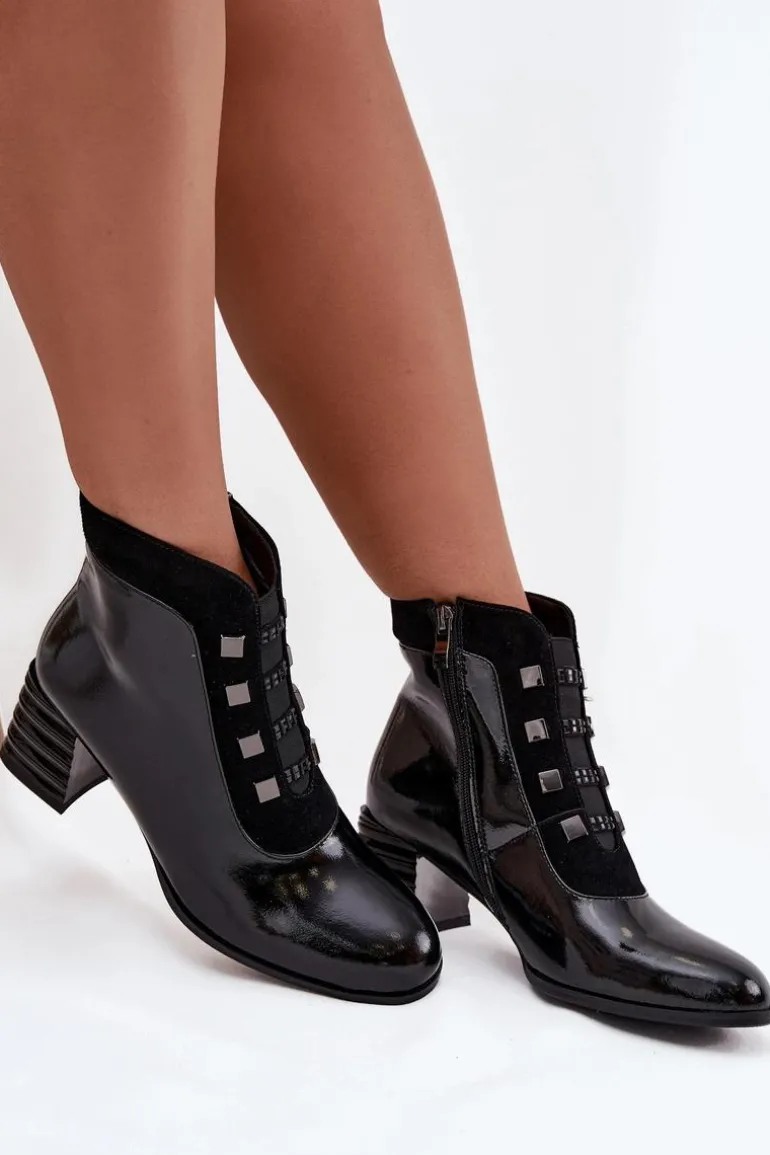 Skórzane Lakierowane Botki Damskie Na Słupku D&A MR52-144 Czarne