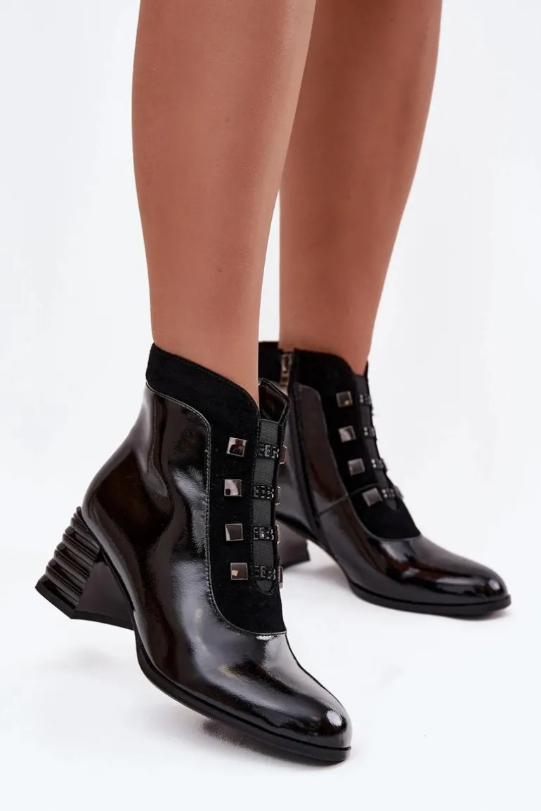 Skórzane Lakierowane Botki Damskie Na Słupku D&A MR52-144 Czarne