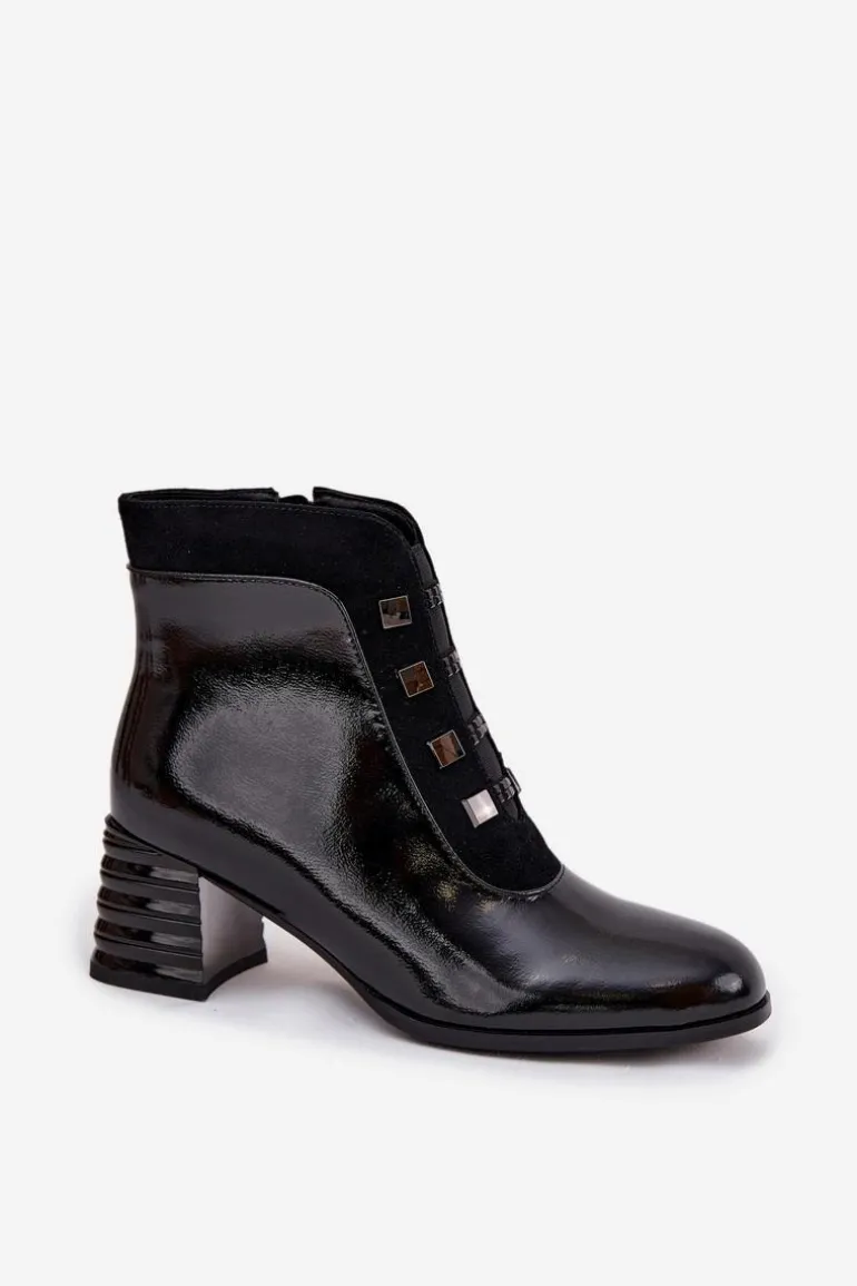 Skórzane Lakierowane Botki Damskie Na Słupku D&A MR52-144 Czarne