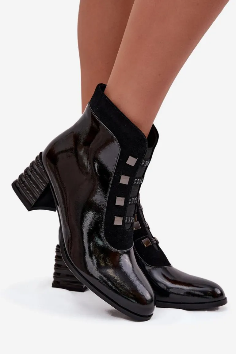 Skórzane Lakierowane Botki Damskie Na Słupku D&A MR52-144 Czarne