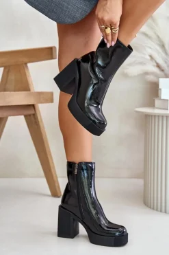 Skórzane Lakierowane Botki Damskie Na Masywnym Słupku Ocieplane D&A CR42-189 Czarne