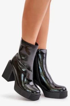 Skórzane Lakierowane Botki Damskie Na Masywnym Słupku Ocieplane D&A CR42-189 Czarne