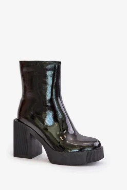 Skórzane Lakierowane Botki Damskie Na Masywnym Słupku Ocieplane D&A CR42-189 Czarne