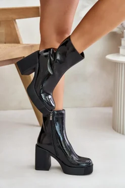 Skórzane Lakierowane Botki Damskie Na Masywnym Słupku Ocieplane D&A CR42-189 Czarne