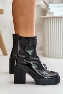 Skórzane Lakierowane Botki Damskie Na Masywnym Słupku Ocieplane D&A CR42-189 Czarne