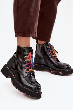 Skórzane Lakierowane Botki Damskie Artiker 57C0064 Czarne