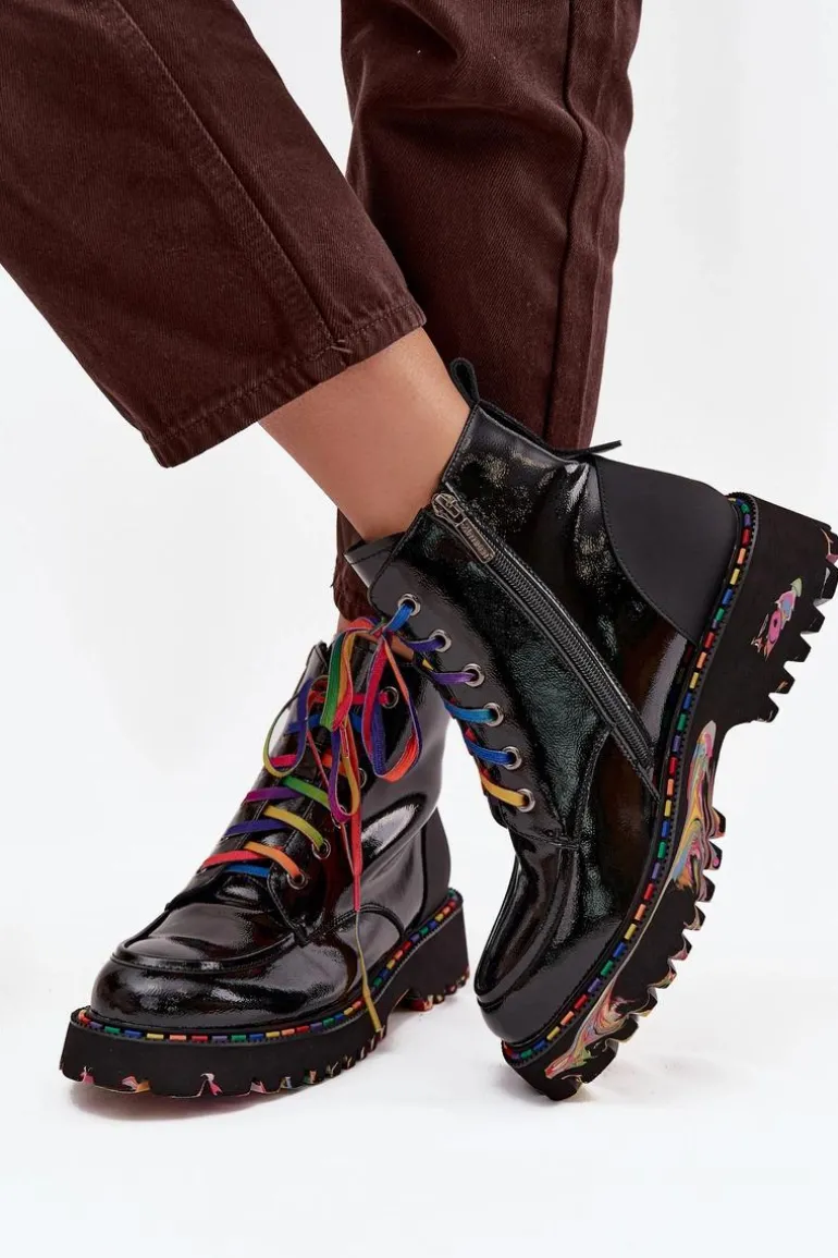 Skórzane Lakierowane Botki Damskie Artiker 57C0064 Czarne