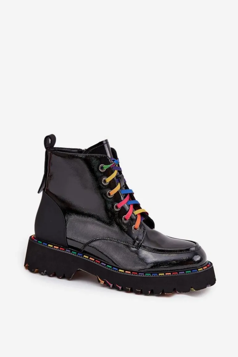 Skórzane Lakierowane Botki Damskie Artiker 57C0064 Czarne