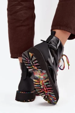 Skórzane Lakierowane Botki Damskie Artiker 57C0064 Czarne