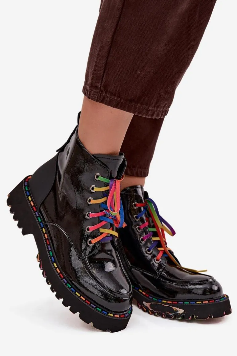 Skórzane Lakierowane Botki Damskie Artiker 57C0064 Czarne