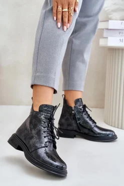 Skórzane Lakierowane Botki Damskie Ocieplane Na Zamek D&A LZ42-042 Czarno-Szare