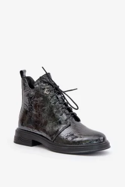 Skórzane Lakierowane Botki Damskie Ocieplane Na Zamek D&A LZ42-042 Czarno-Szare