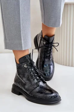 Skórzane Lakierowane Botki Damskie Ocieplane Na Zamek D&A LZ42-042 Czarno-Szare