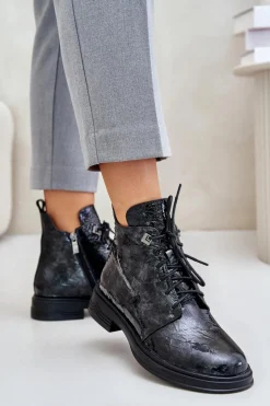 Skórzane Lakierowane Botki Damskie Ocieplane Na Zamek D&A LZ42-042 Czarno-Szare