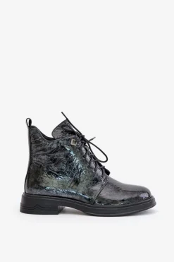 Skórzane Lakierowane Botki Damskie Ocieplane Na Zamek D&A LZ42-042 Czarno-Szare