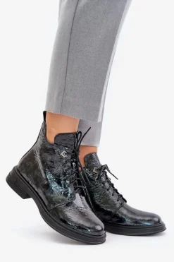 Skórzane Lakierowane Botki Damskie Ocieplane Na Zamek D&A LZ42-042 Czarno-Szare