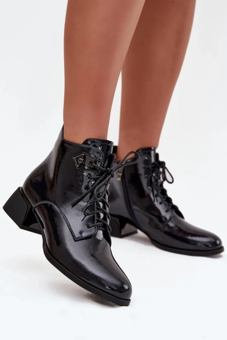 Skórzane Lakierowane Botki Damskie Na Klocku Artiker 57C1117 Czarne