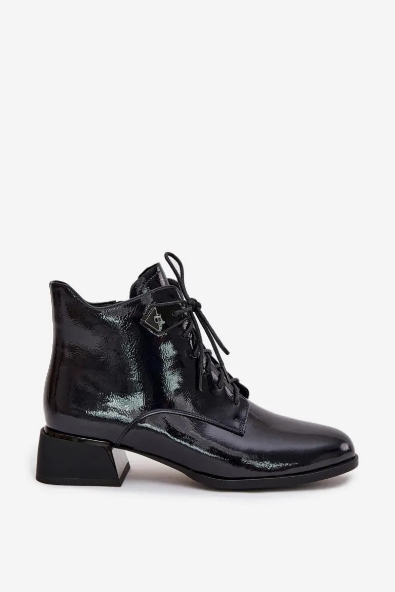 Skórzane Lakierowane Botki Damskie Na Klocku Artiker 57C1117 Czarne