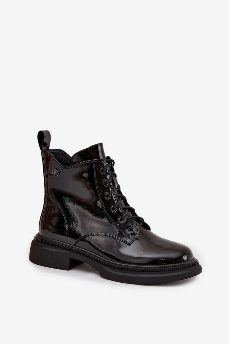 Skórzane Lakierowane Botki Ocieplane Czarne Gisella