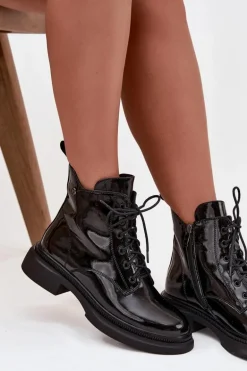 Skórzane Lakierowane Botki Ocieplane Czarne Gisella