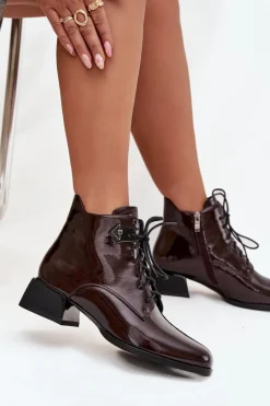 Skórzane Lakierowane Botki Damskie Na Klocku Artiker 57C1119 Bordowe