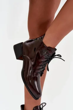 Skórzane Lakierowane Botki Damskie Na Klocku Artiker 57C1119 Bordowe