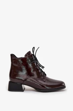 Skórzane Lakierowane Botki Damskie Na Klocku Artiker 57C1119 Bordowe