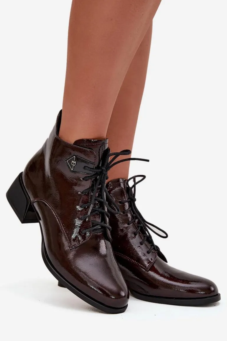 Skórzane Lakierowane Botki Damskie Na Klocku Artiker 57C1119 Bordowe