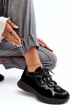 Skórzane Lakierowane Buty Sportowe Damskie M01/2 Zazoo Czarne