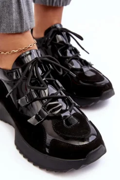 Skórzane Lakierowane Buty Sportowe Damskie M01/2 Zazoo Czarne